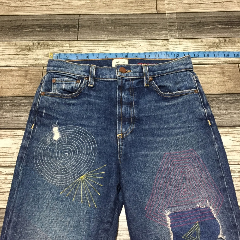 Alice + Olivia Blue High Rise Jeans with Colorful Embroidery - Picture 3 of 11
